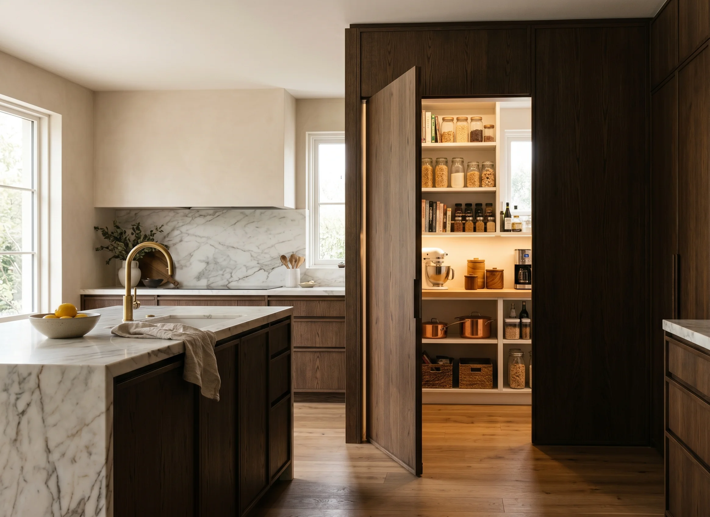 Een moderne, verborgen keuken achter gesloten houten kasten met een serene uitstraling, perfect voor een ontspannende woonruimte in 2026.