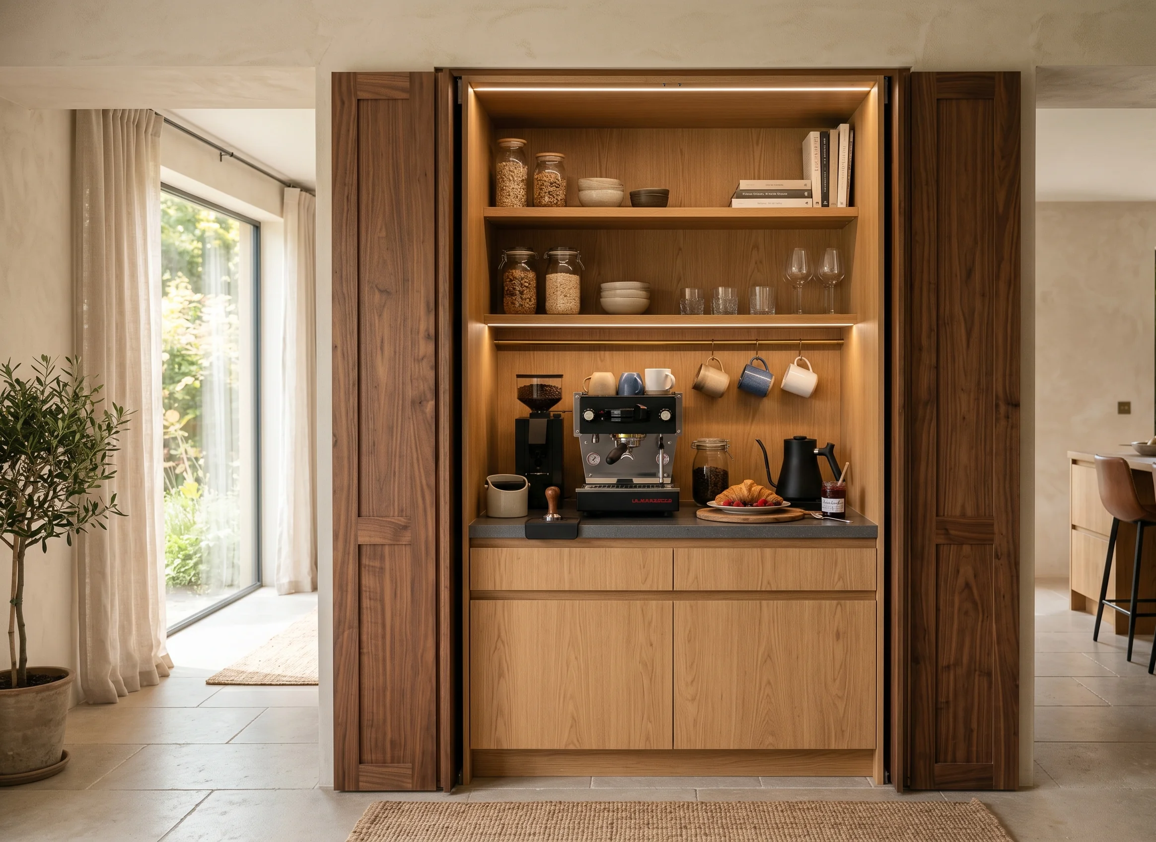 Een elegante pocket door keuken waarmee huishoudelijke apparaten verborgen worden, waardoor een strakke, opgeruimde ruimte ontstaat.