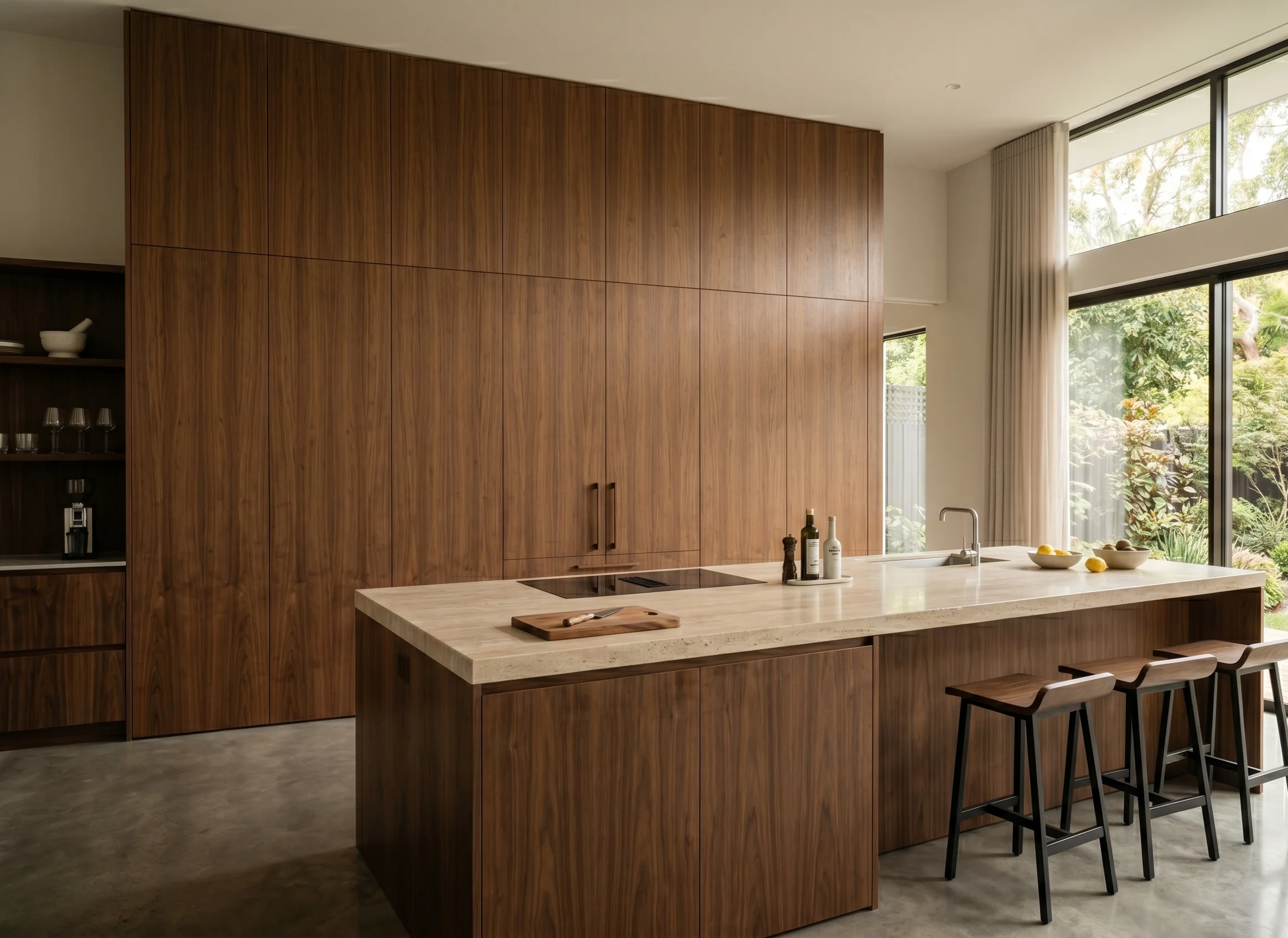 Een verborgen koffiebar met flipdeuren die verticaal omhoog klappen, ideaal voor een netjes georganiseerd interieur.