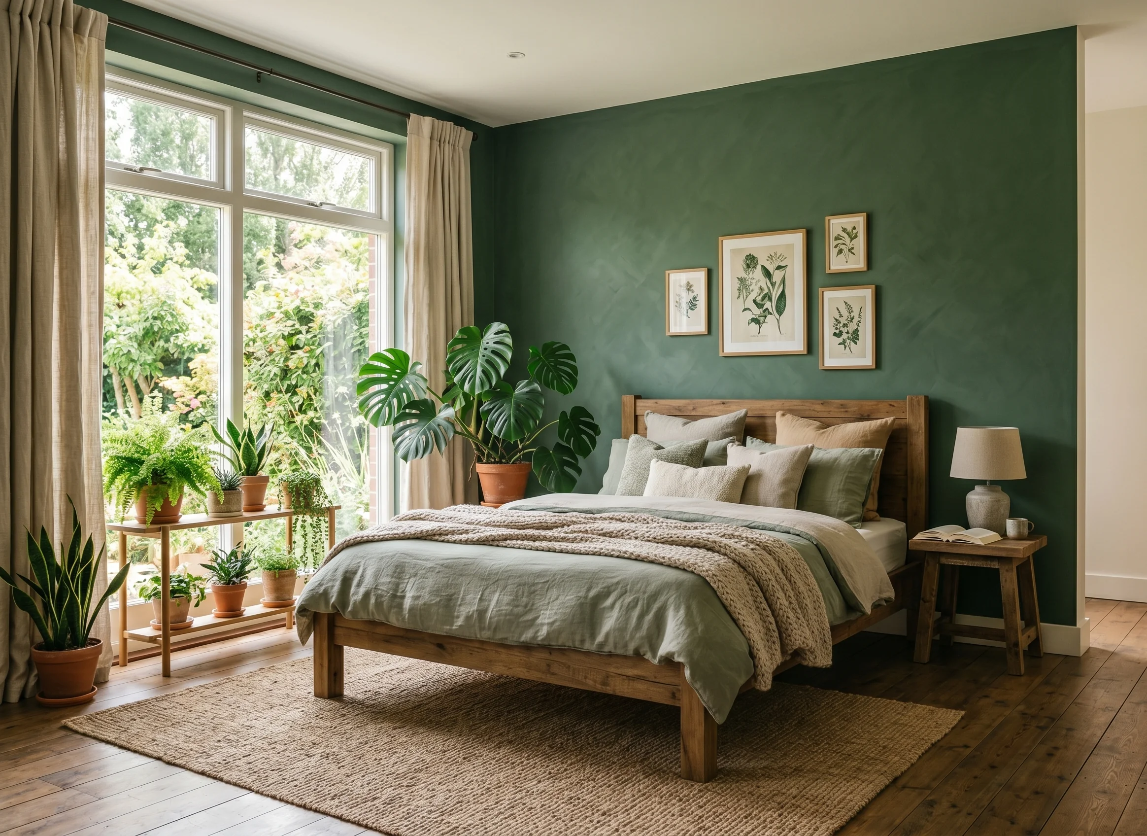 Ruime lichtovergoten kamer met grote ramen die biophilic design benadrukken door veel natuurlijk licht binnen te laten, en inrichting met houten en rotan meubels die de natuur in huis halen.