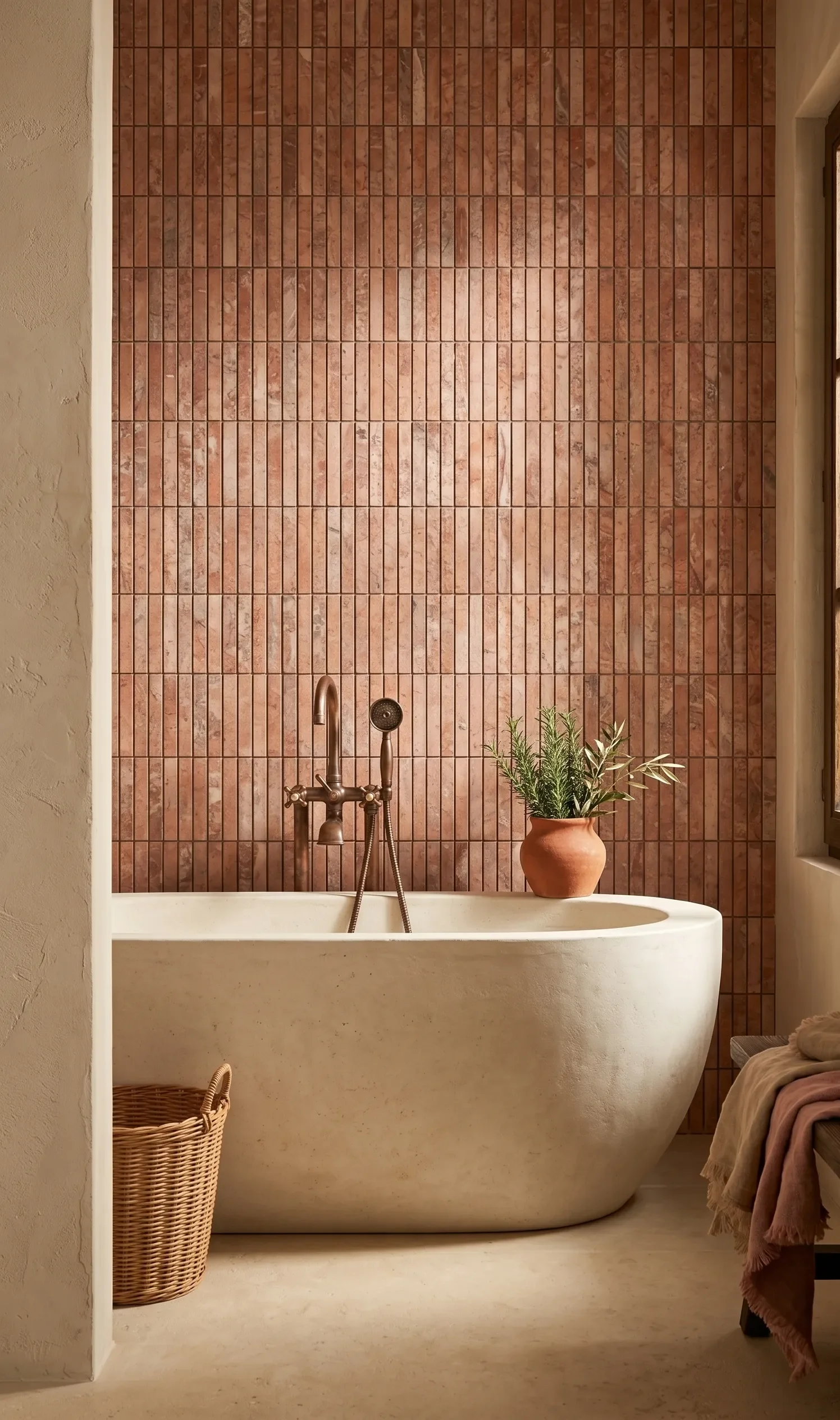 Red travertine kit kat mozaïek in de badkamer als wandbekleding met vrijstaand bad en gebronsd koper