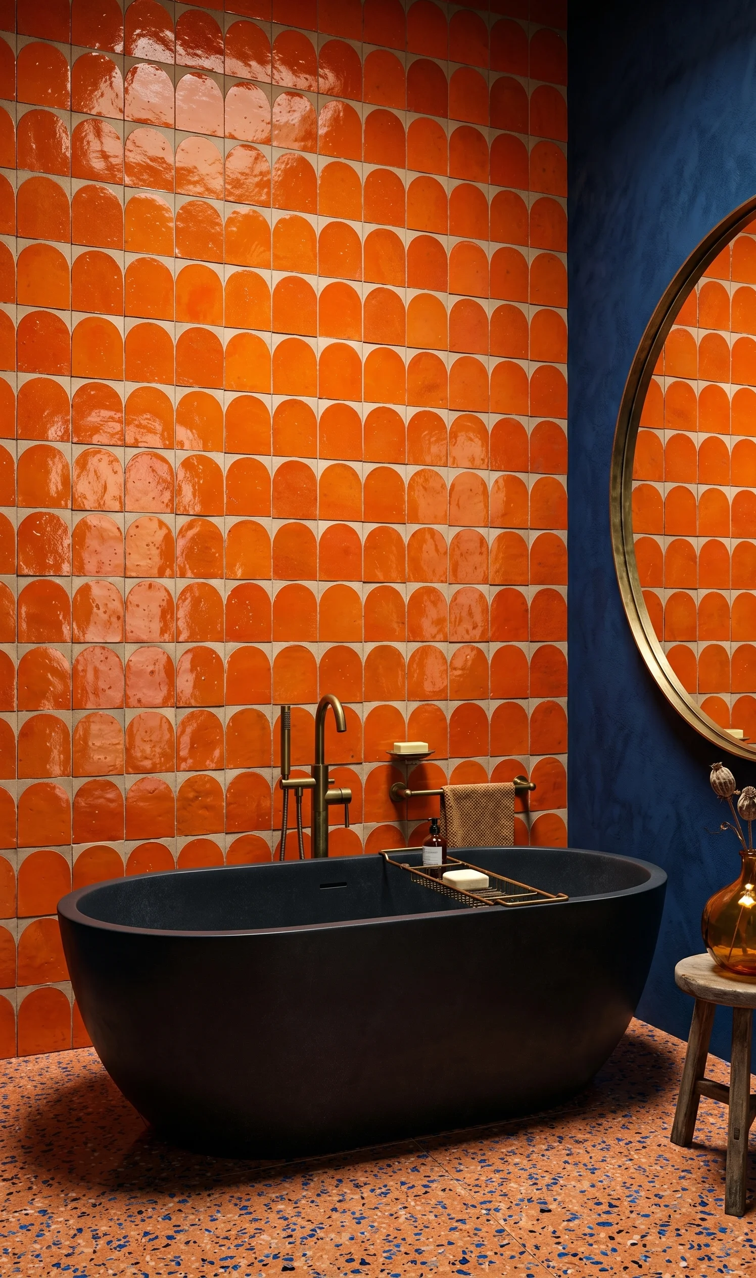 Luxe badkamer met oranje zellige luna tegels als accentwand