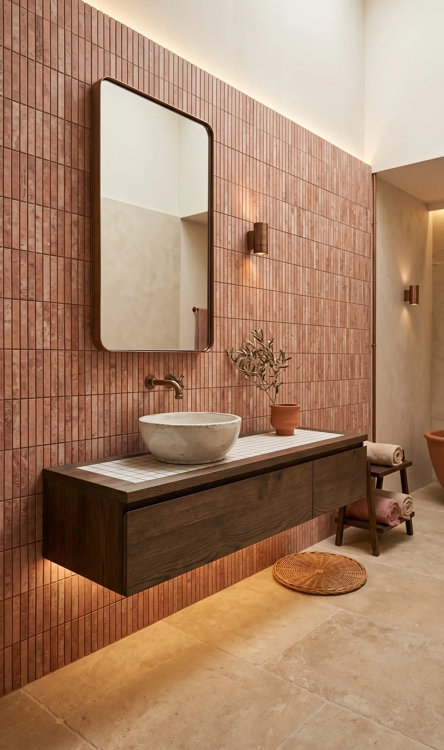 Mediterraanse badkamer met red travertine tegels, gerookt eikenhout en gebronsd koper kraan