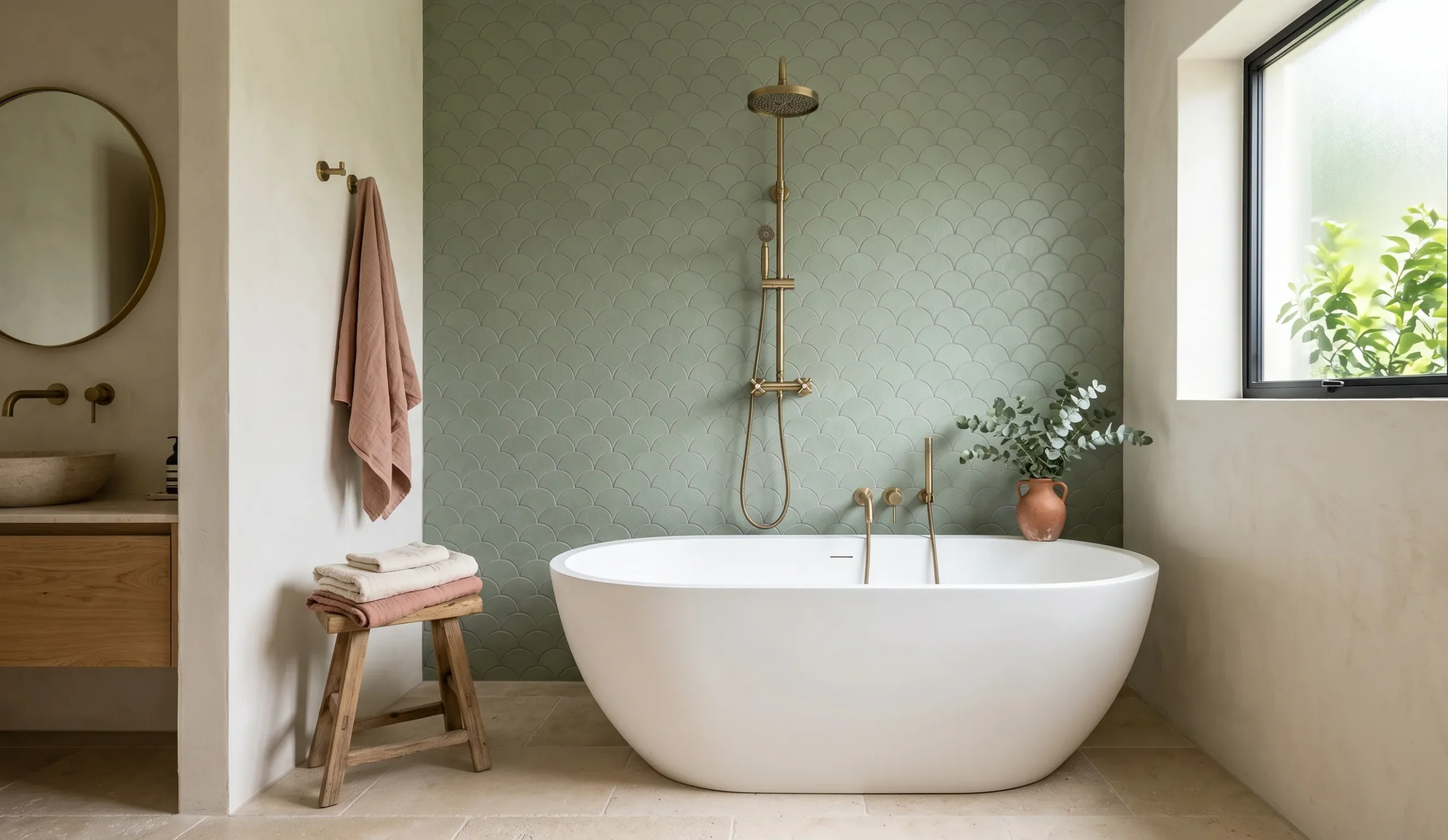 Luxe badkamer met saliegroene visschub tegels, vrijstaand bad en vergrijsd messing kranen
