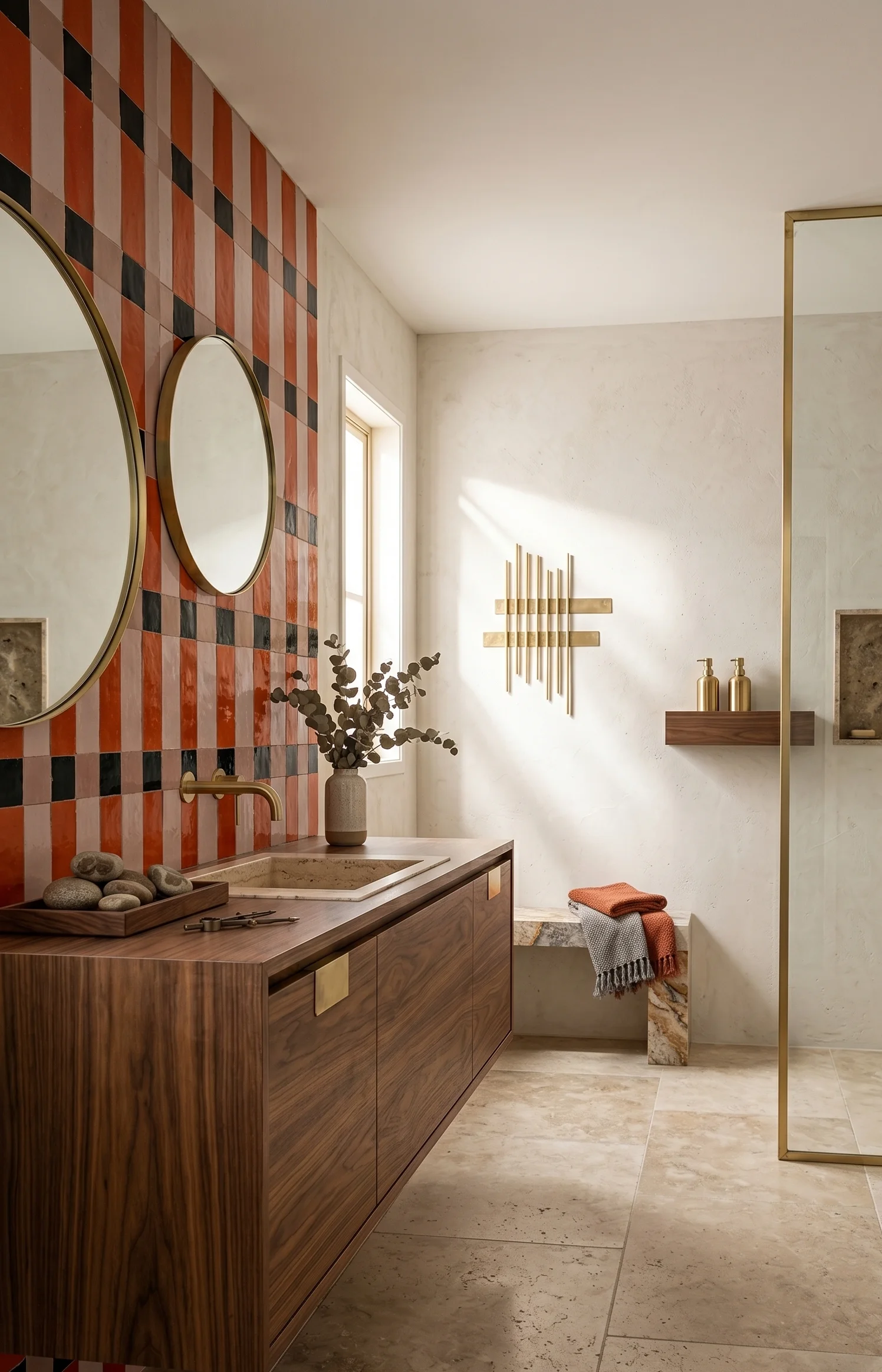 Badkamer met zellige tegels interieur in oranje en zwart, zwevend walnotenhouten meubel en travertijnen vloer