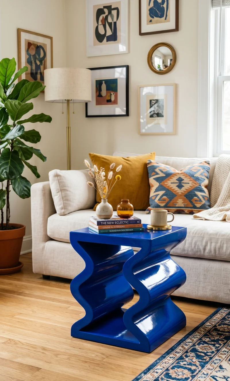 Opvallende kobalt blauwe zigzag bijzettafel jewelry in de woonkamer