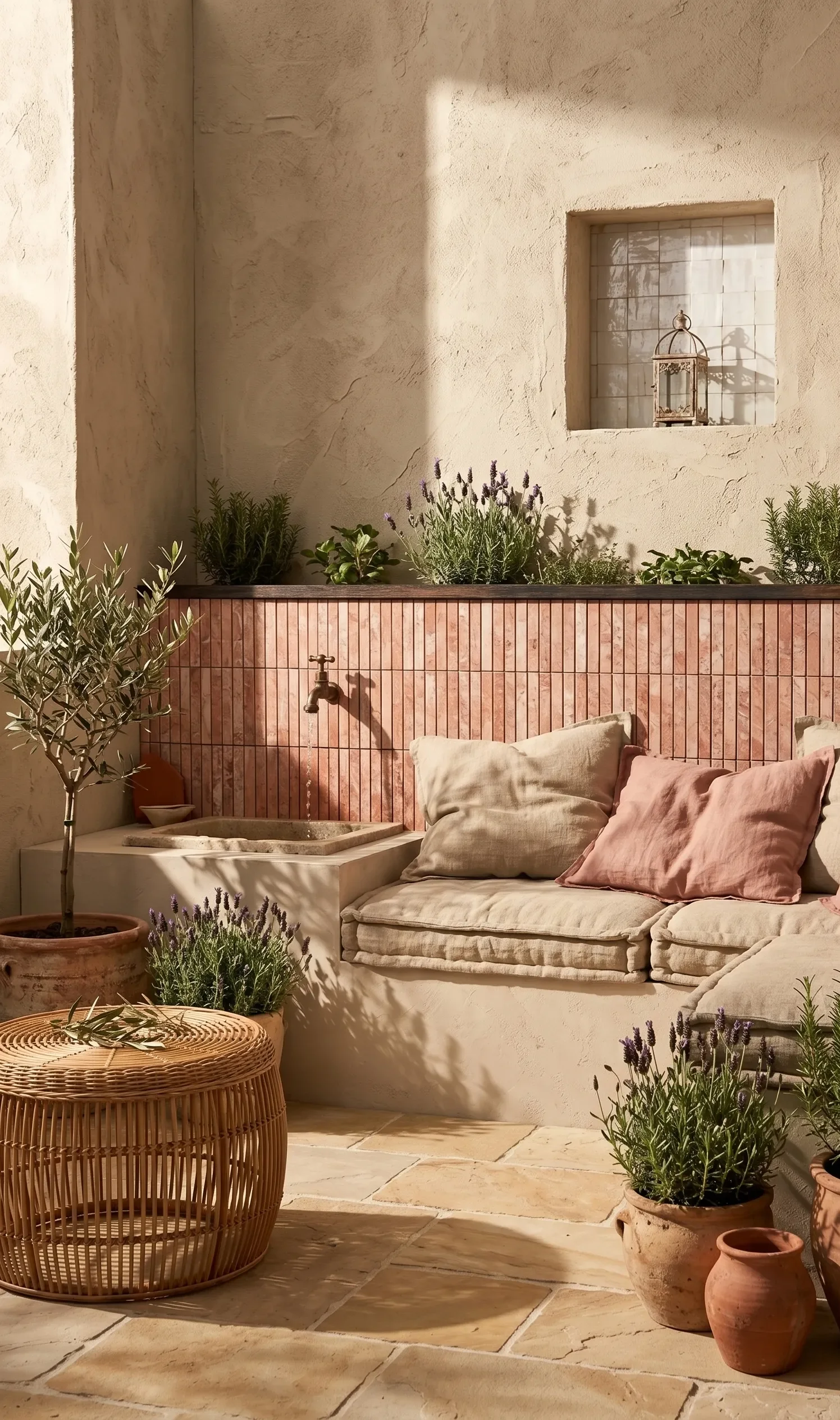 Mediterraans terras met red travertine kit kat mozaïek, kalksteen en olijfboom