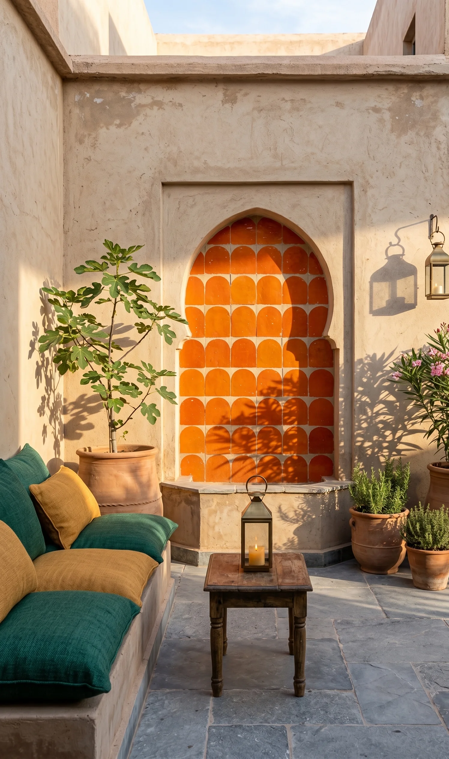 Marokkaans riad terras met oranje zellige tegels en terracotta potten