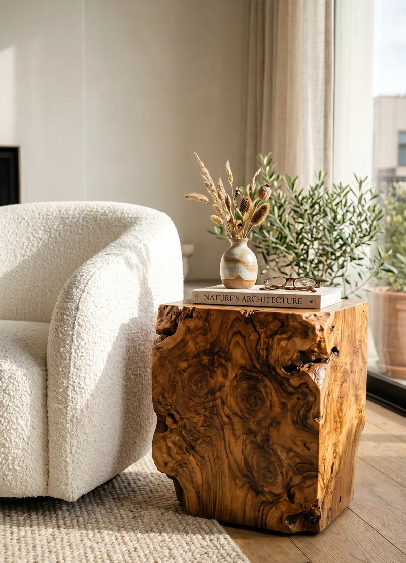 Robuuste burl hout bijzettafel jewelry in een warm interieur