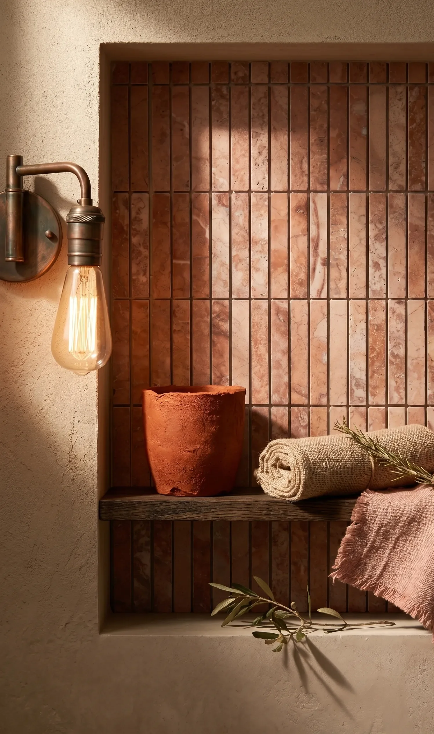 Detailshot wandnis met red travertine kit kat tegels en koperen wandlamp