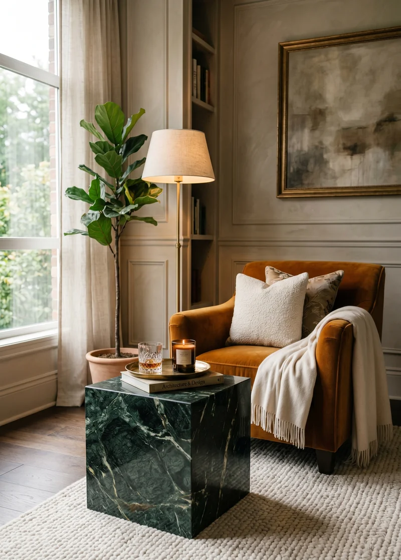 Donkergroene marmeren kubus bijzettafel voor een luxe uitstraling