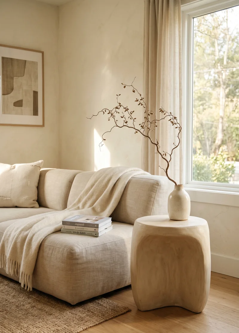 Organische Japandi bijzettafel van beige stucwerk met droogbloemen