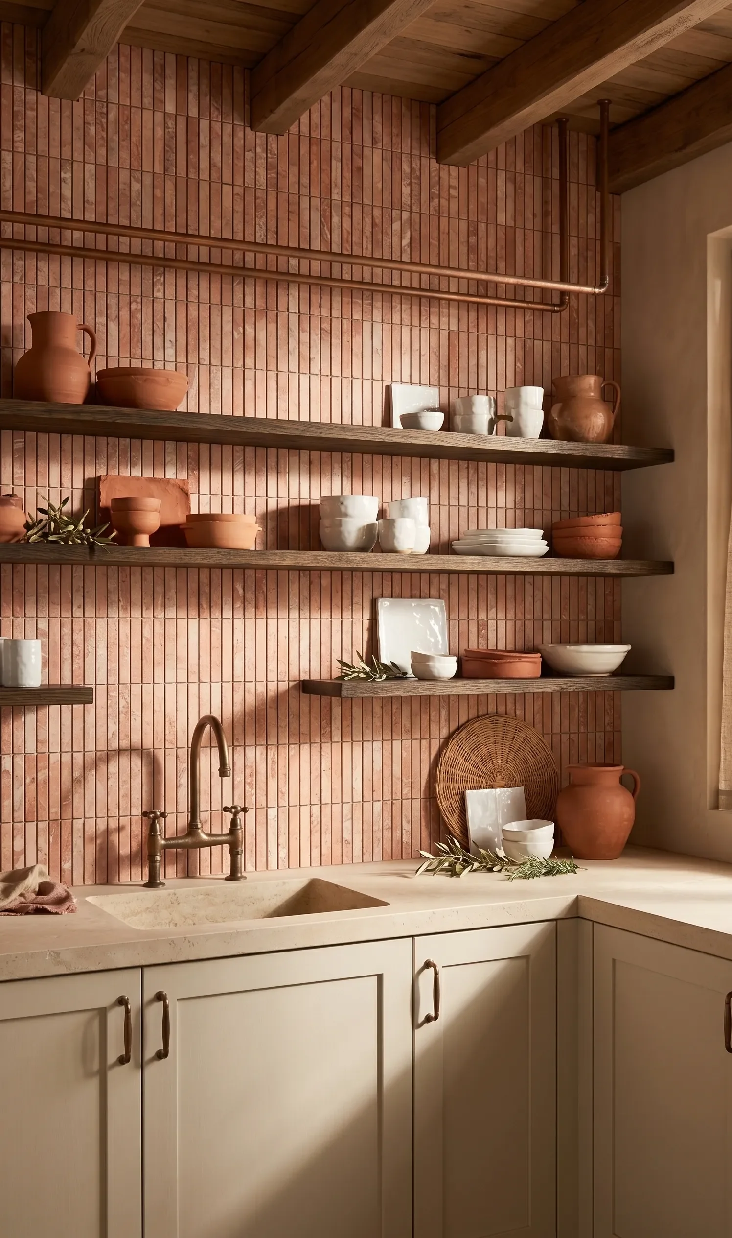 Red travertine kit kat mozaïek als keukenachterwand met gerookt eiken planken en terracotta