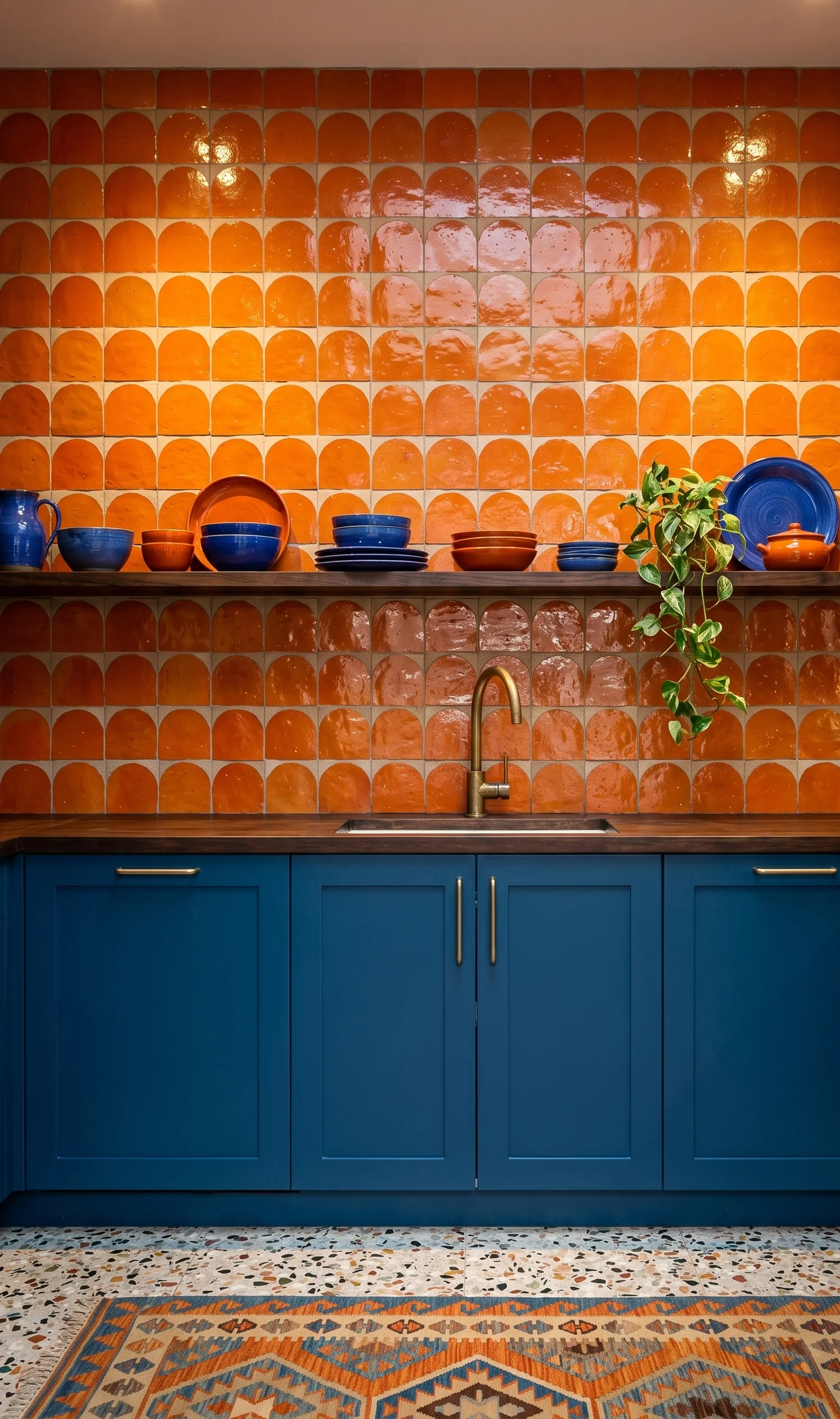 Sfeervolle keukenachterwand met oranje zellige tegels