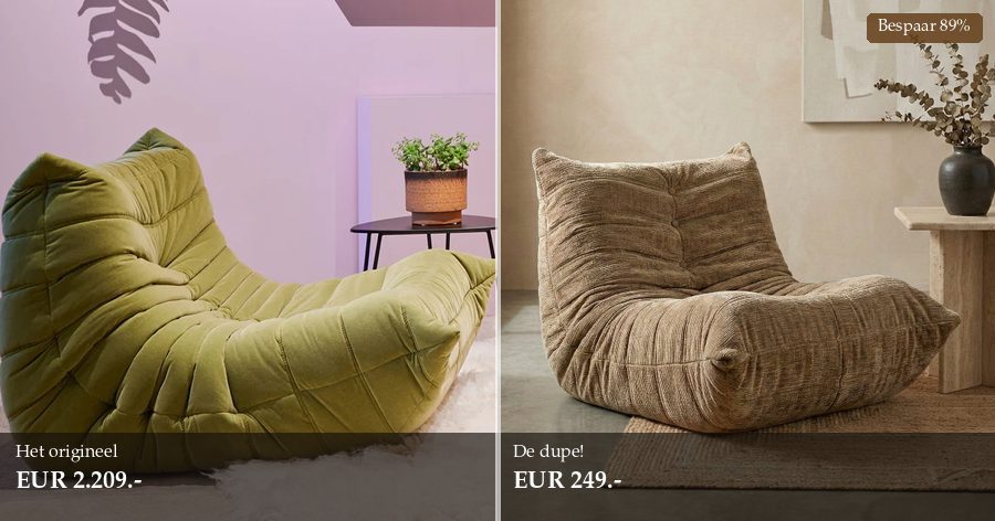 Vergelijking Ligne Roset Togo origineel versus dupe - bespaar 89%