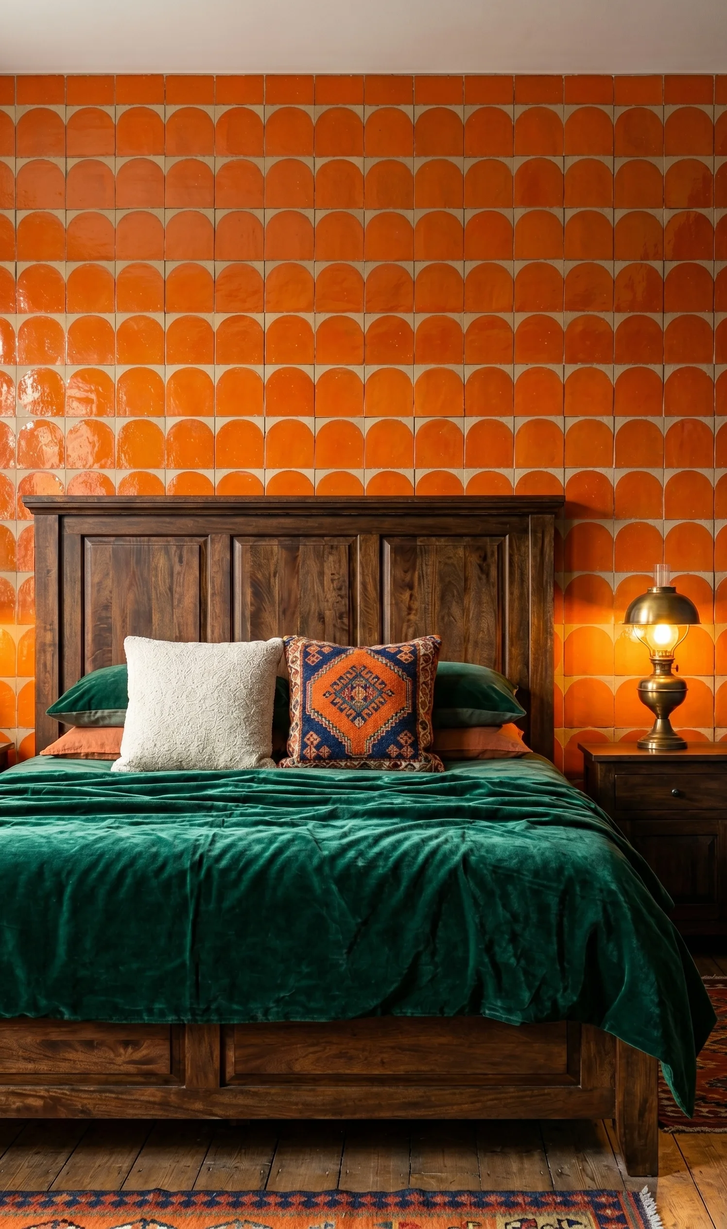 Slaapkamer met zellige luna orange tegels als hoofdwand en smaragdgroen beddengoed
