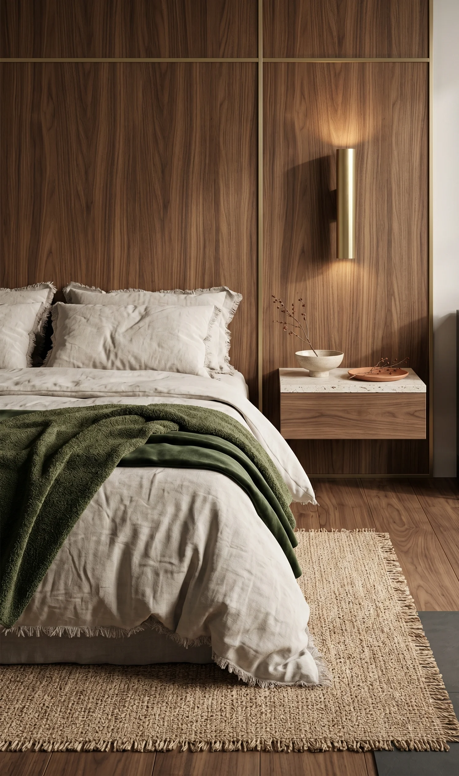 Slaapkamer met walnotenhouten wandpaneel, linnen beddengoed en groene plaid in aardse interieurstijl