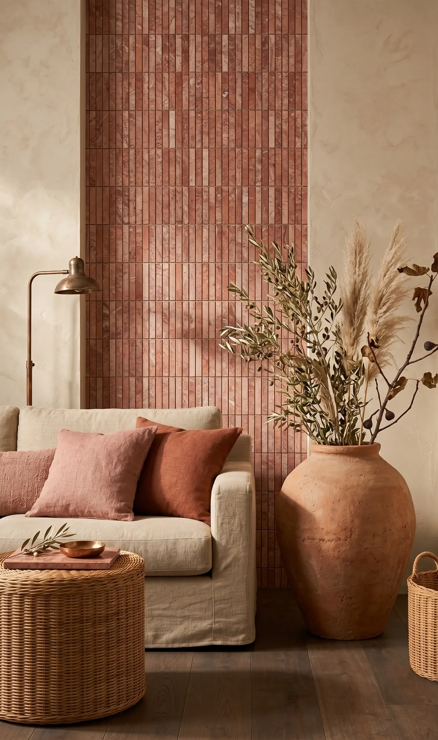 Warme mediterraanse woonkamer met red travertine palet, kalkpleister en linnen bank