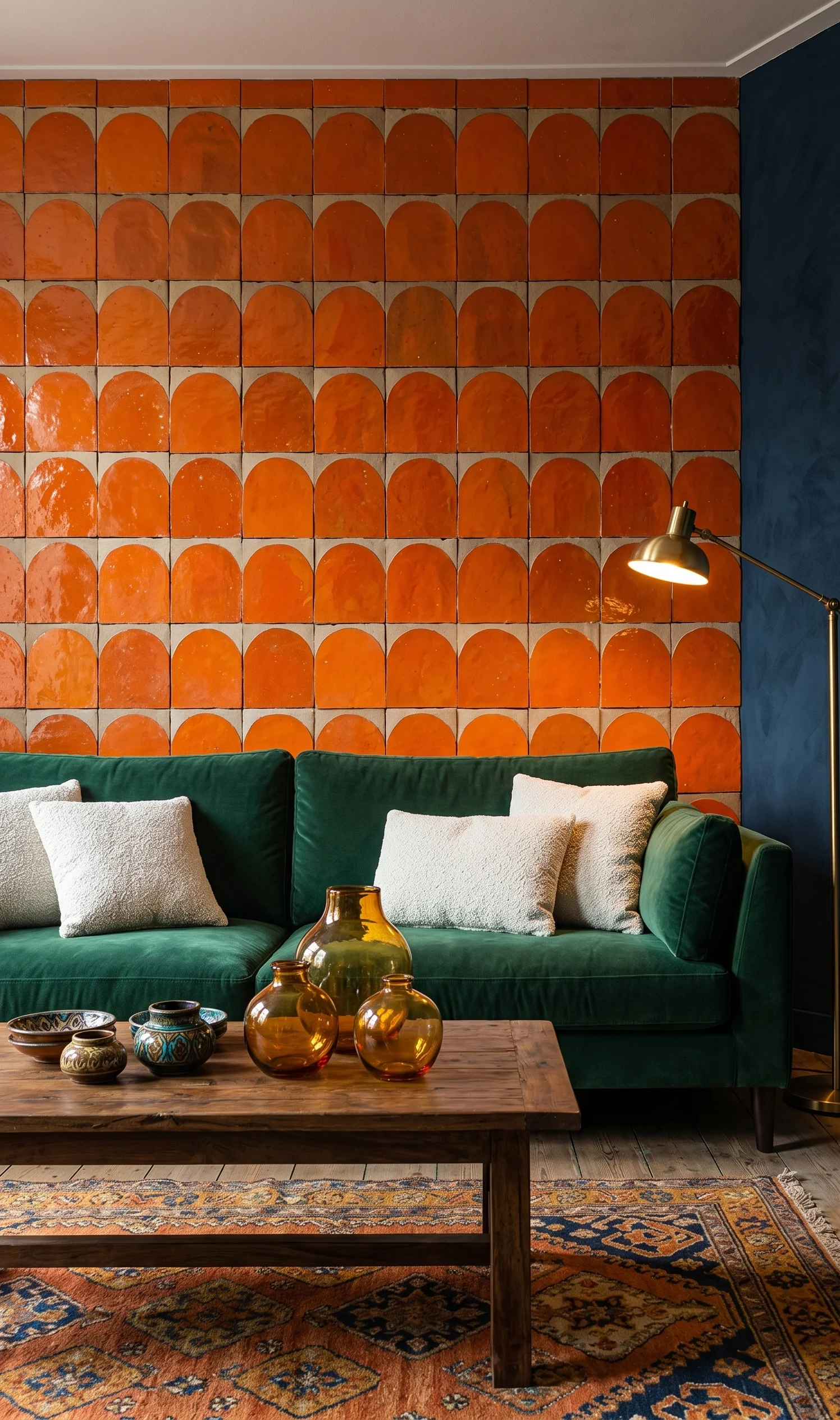 Eclectische woonkamer met oranje zellige tegels, smaragdgroen velours en kilim tapijt