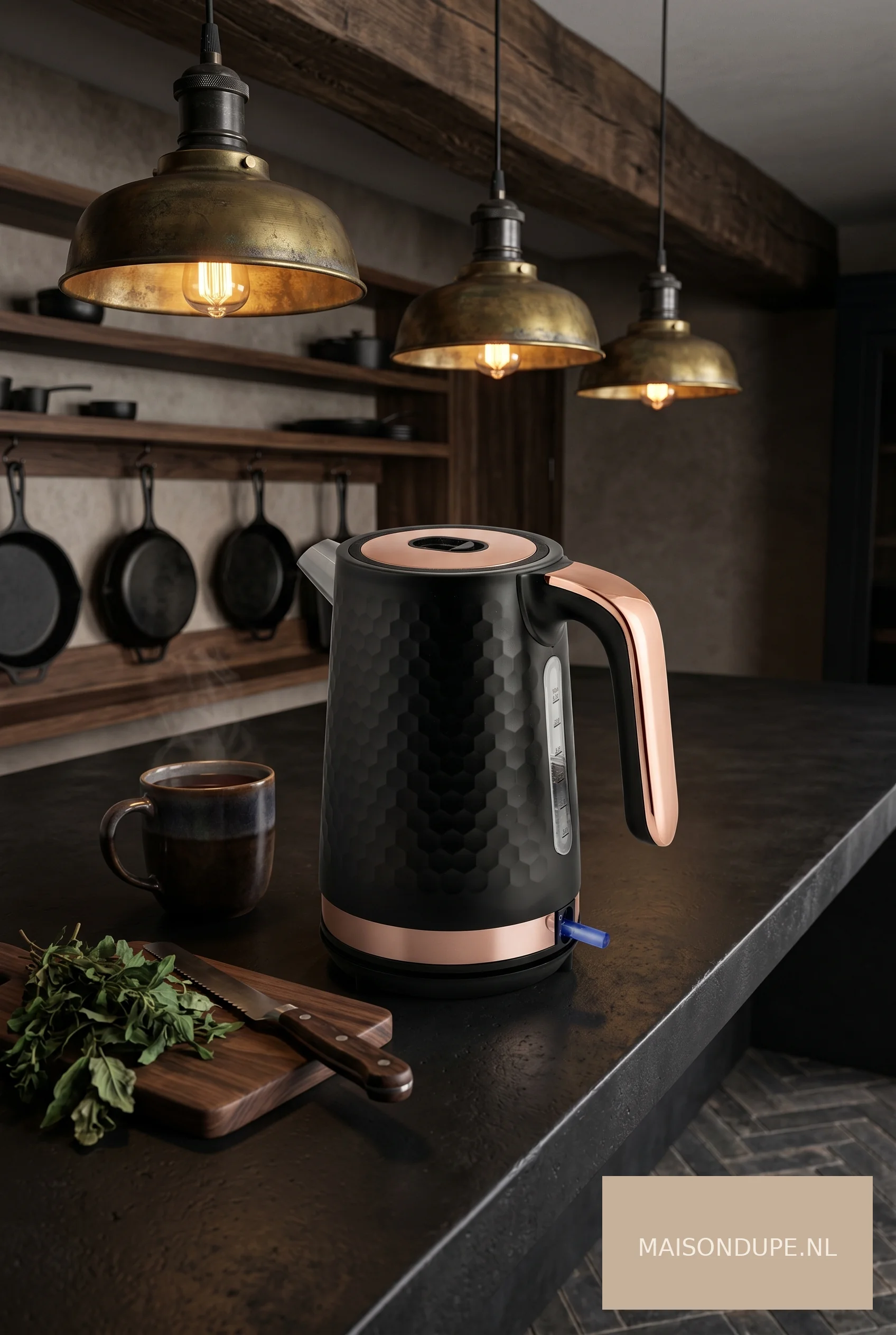 Matte zwarte Berdsen waterkoker met koperen details in dark kitchen