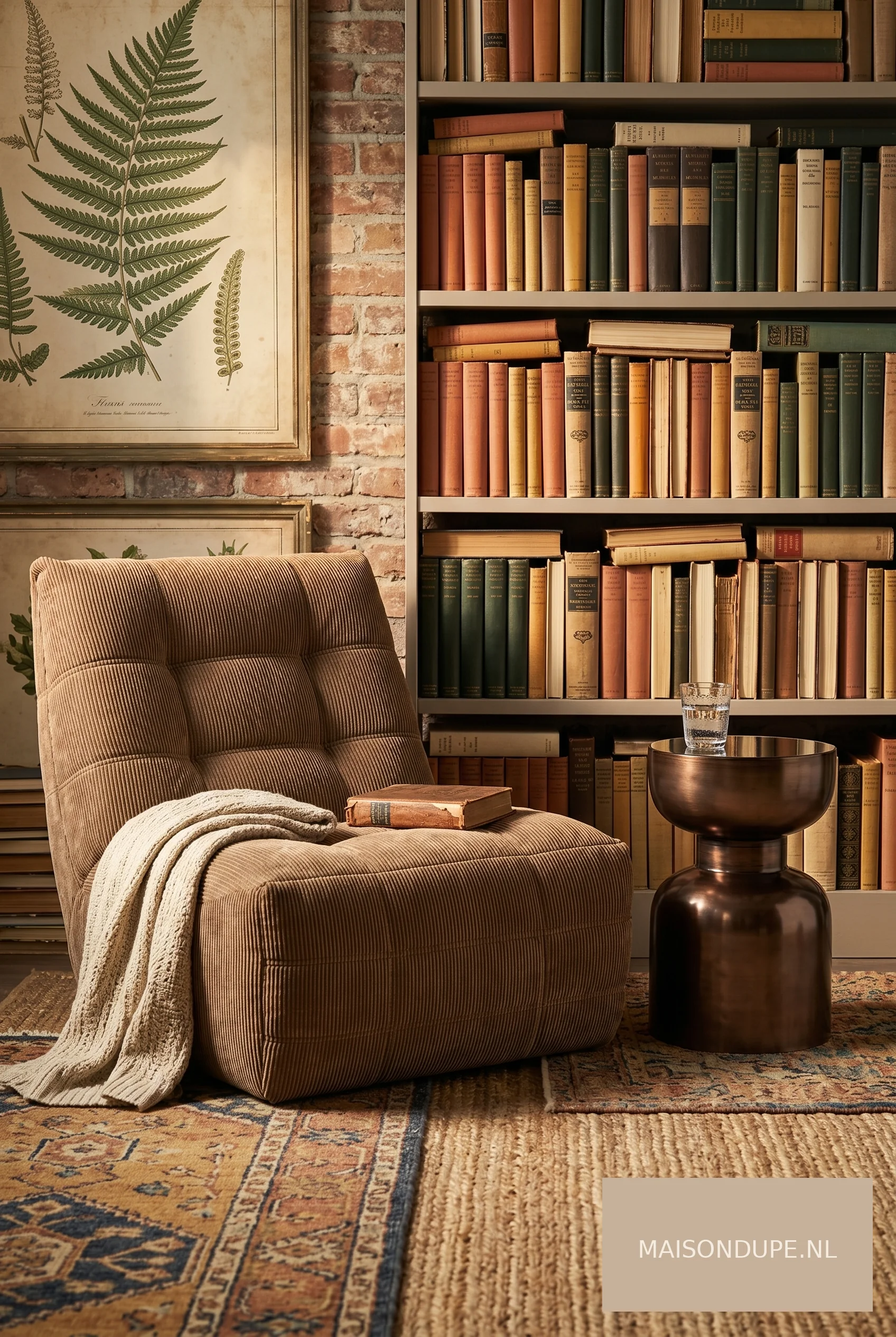 Lichtbruine ribstof relaxfauteuil met spiegelend bronzen bijzettafeltje