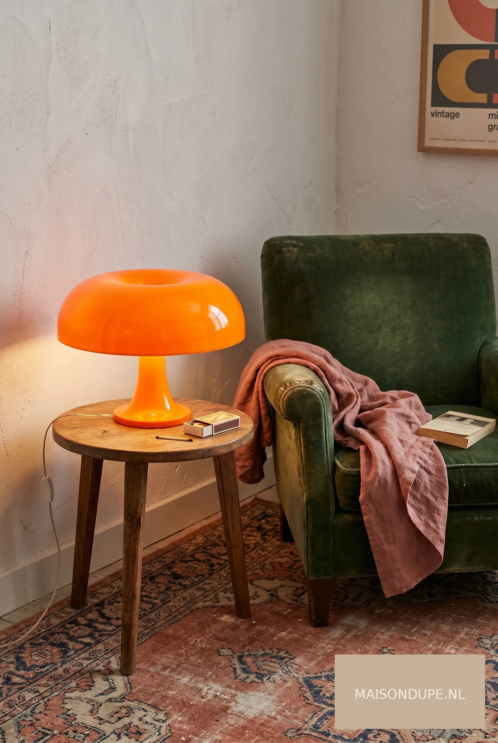 Retro oranje tafellamp naast groene fluwelen fauteuil