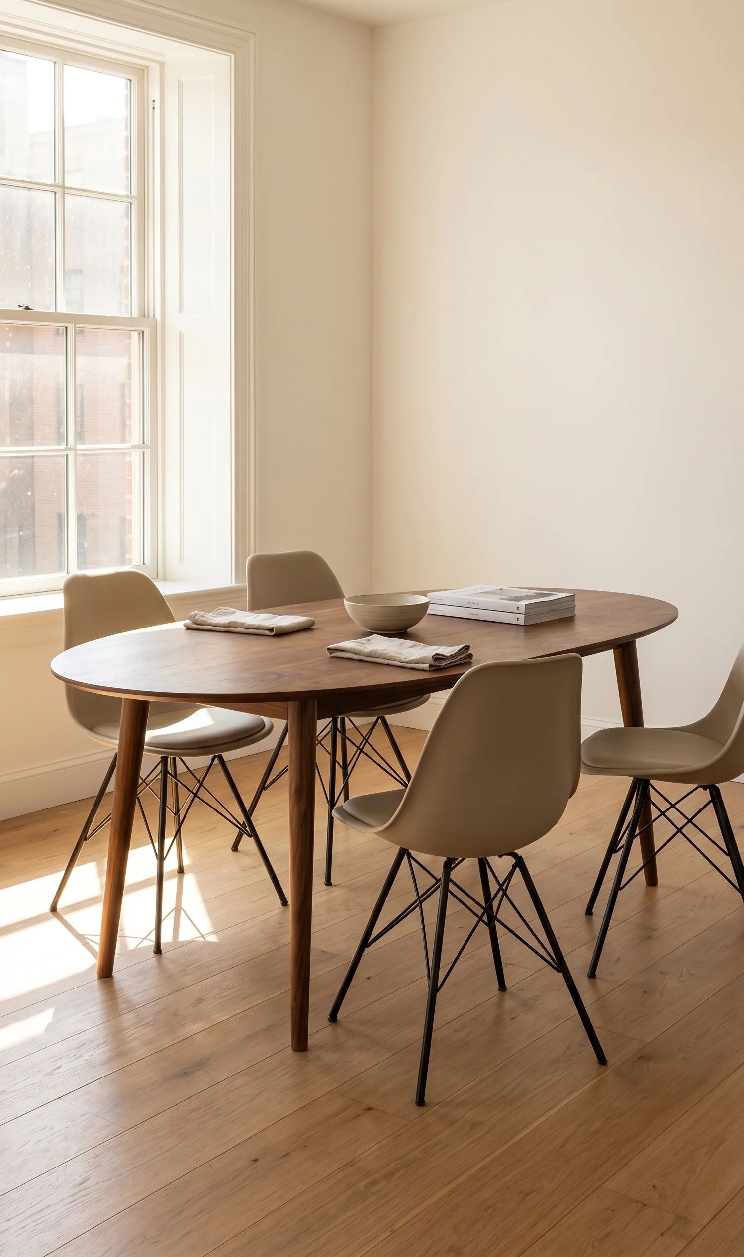 Eames DSW stoel dupe aan een houten eettafel