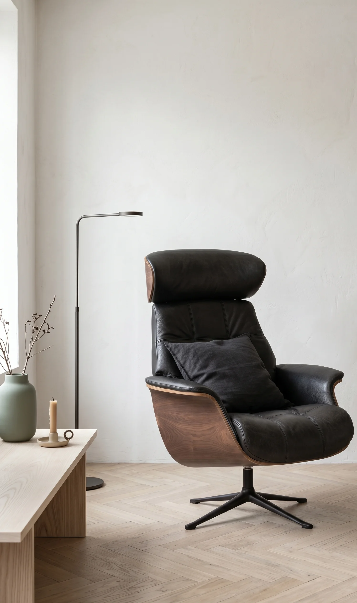 Eames Lounge Chair dupe in thuiskantoor met walnoot en vintage leer