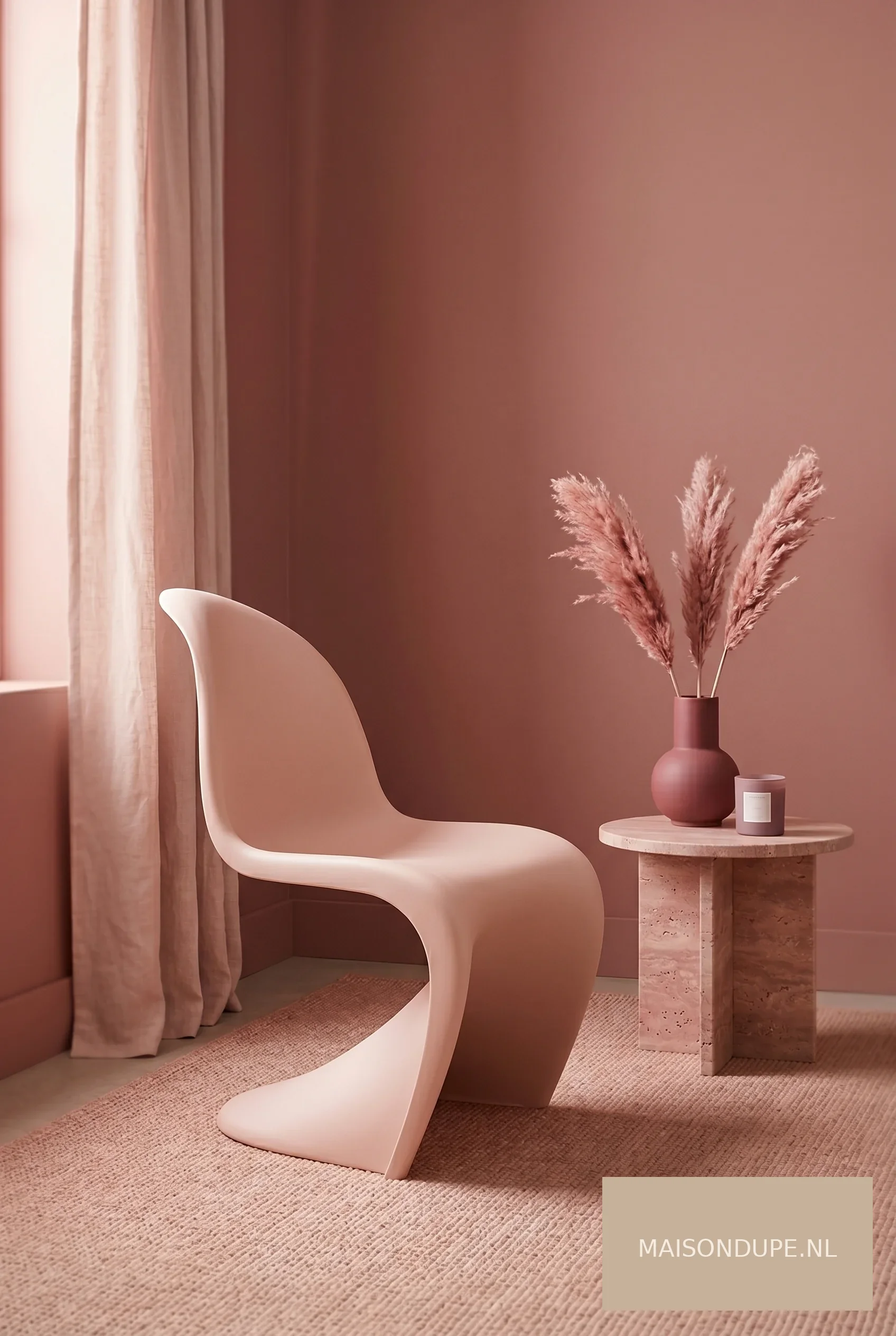 Interieurliefhebber geniet van een budgetvriendelijke Panton Chair dupe in helder daglicht.