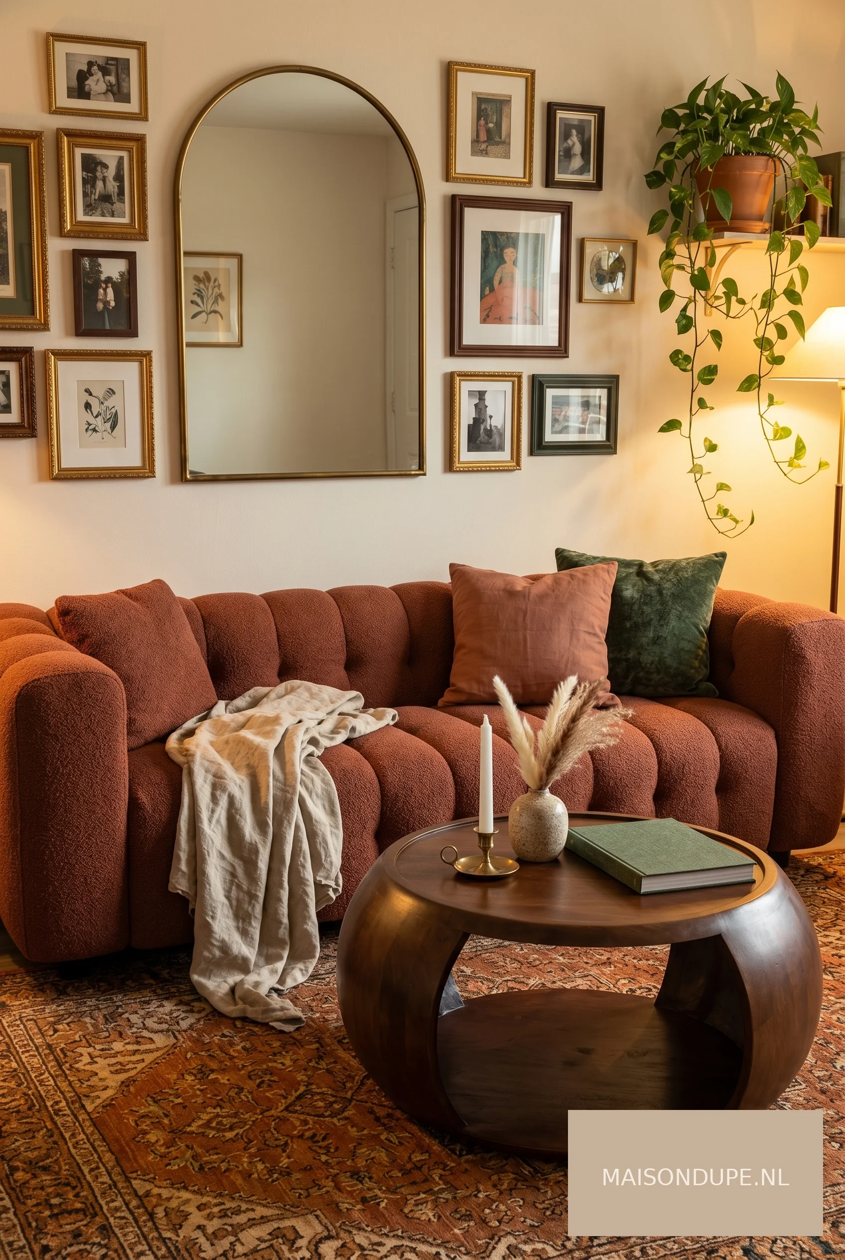 Terracotta bank en houten salontafel in eclectische inrichting