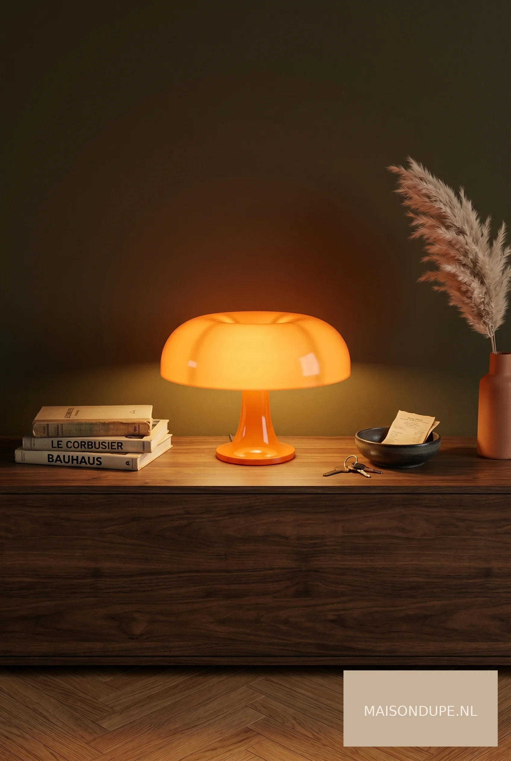Vintage woonkamer met mosterdgele bank en oranje paddenstoellamp