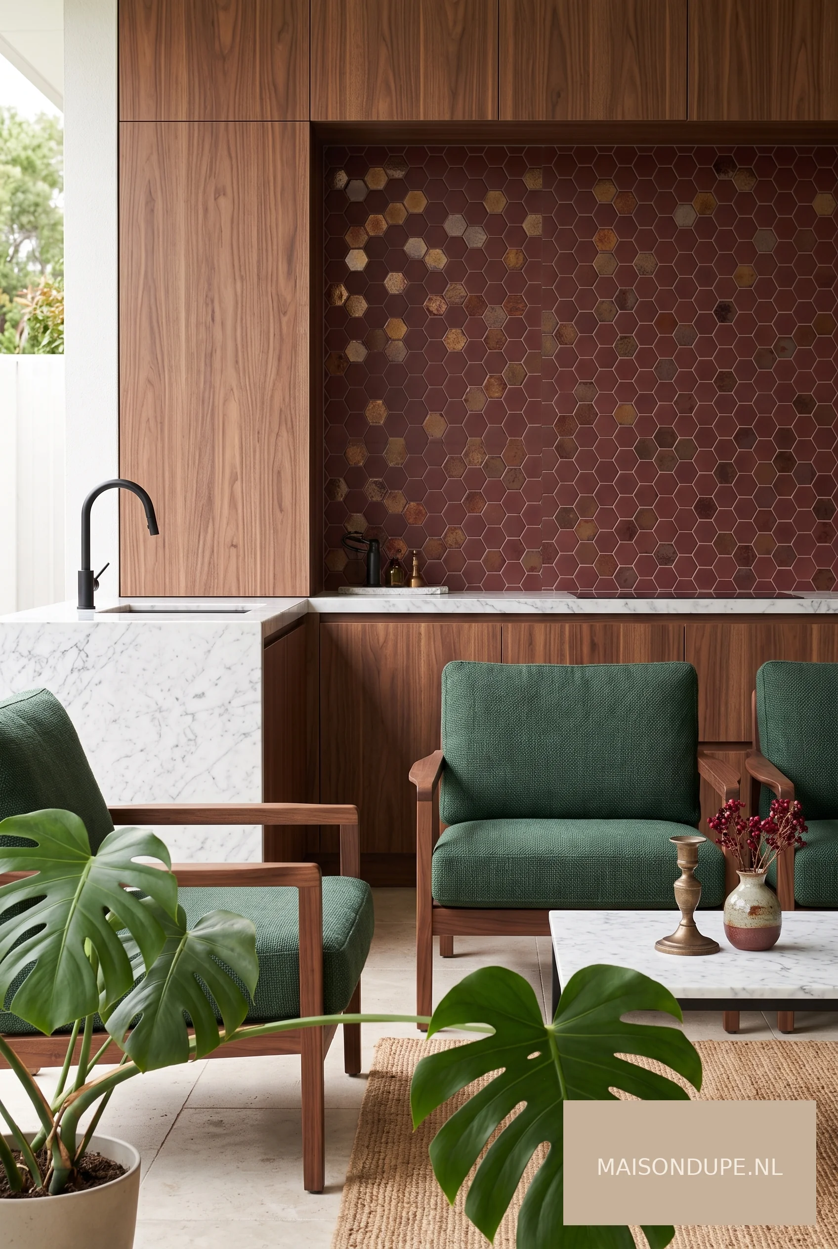 Thuisbar met donker marmer en verlicht burgundy glasmozaïek