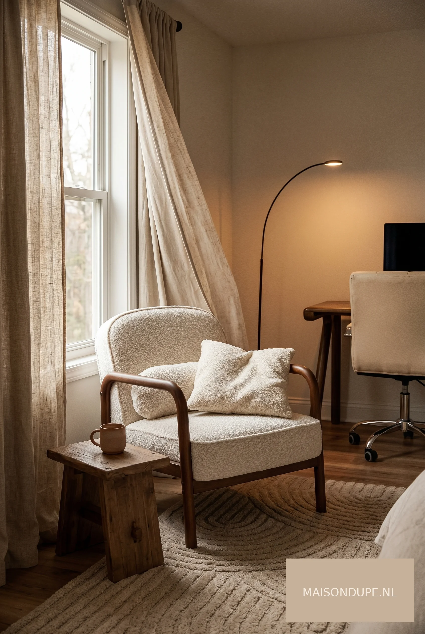 Warme sfeervolle leeshoek met lichte fauteuil