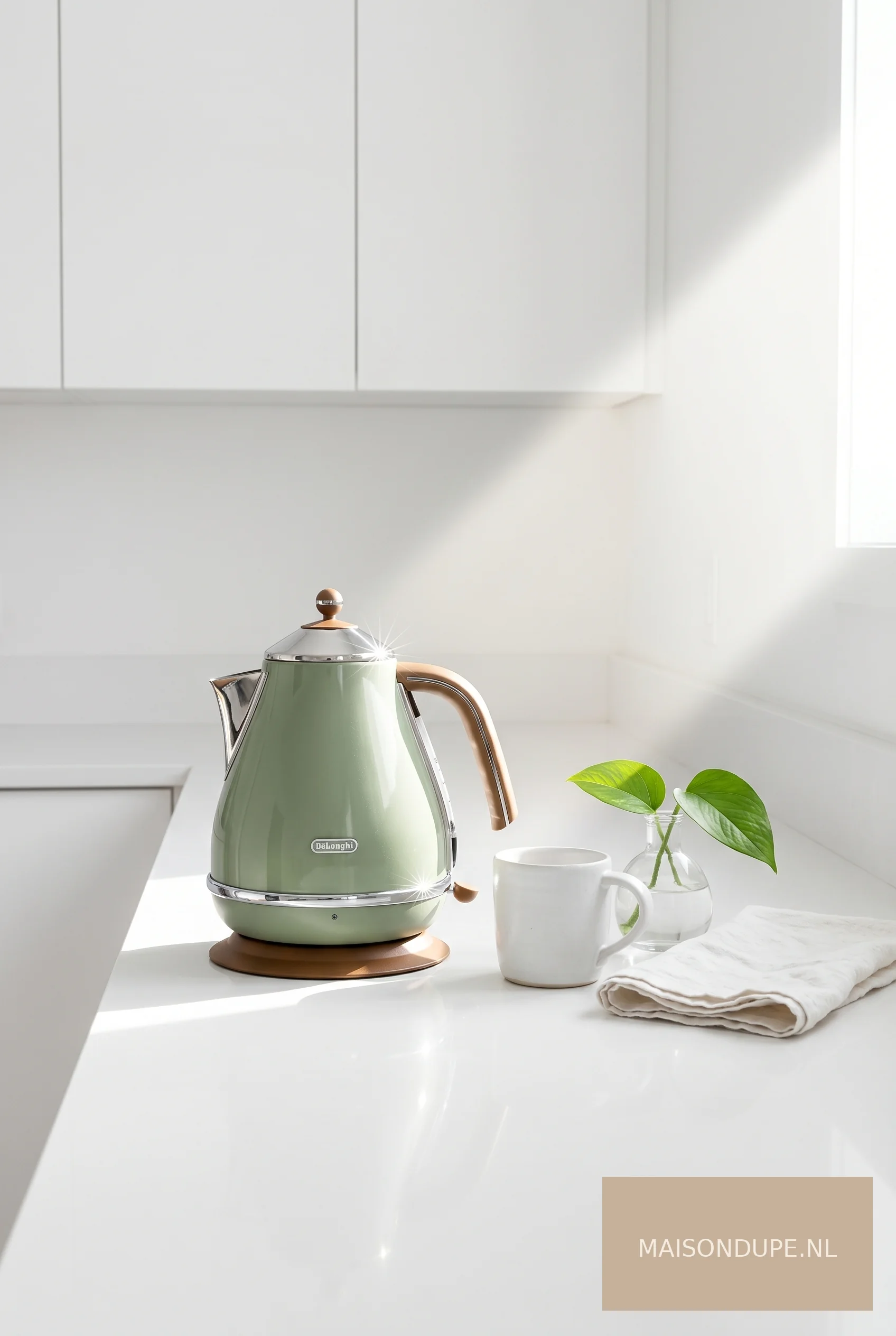 Witte minimalistische keuken met groene retro waterkoker als accent