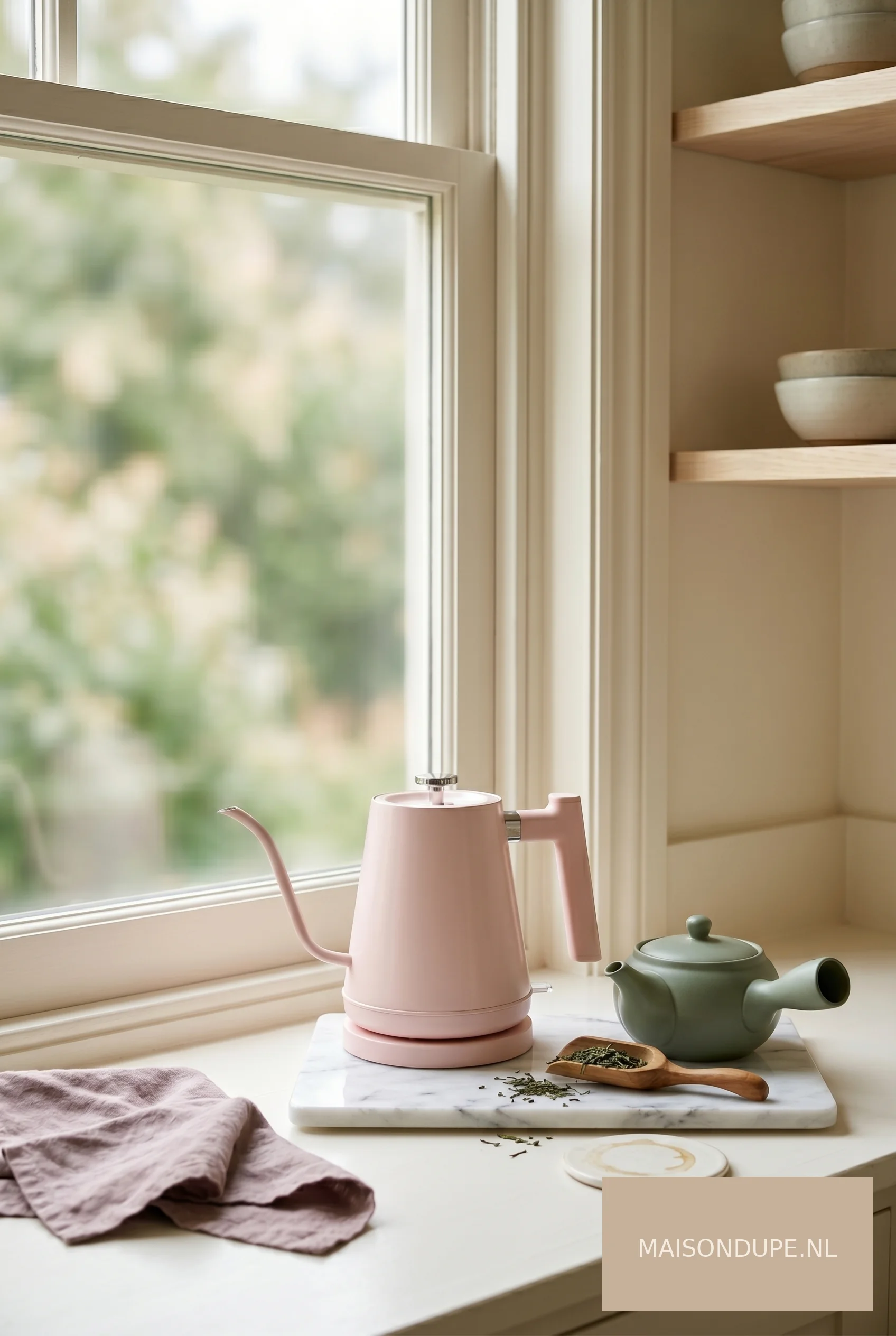 Minimalistische keuken met roze gooseneck waterkoker bij het raam