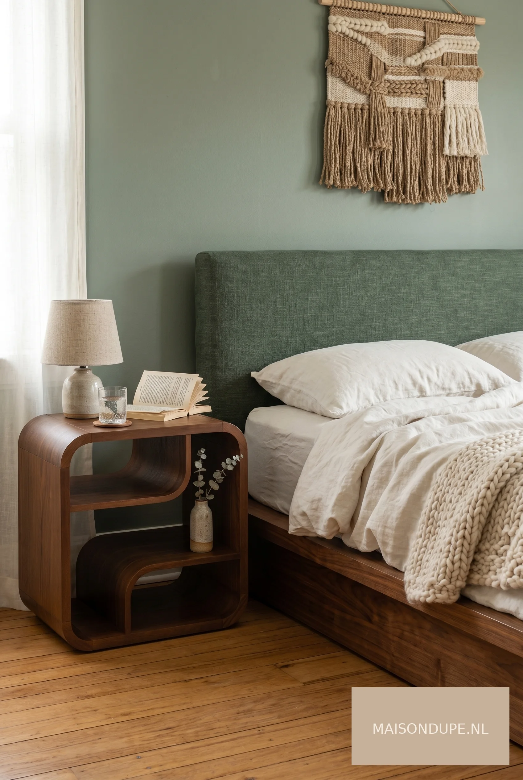 Zuiver Seven kast als nachtkastje in midcentury modern slaapkamer walnoot hout